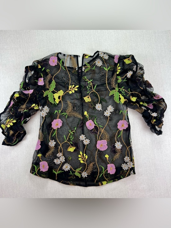 H&M Tops - Women's Black Sheer Colorful Embroidered Floral Romantic Puffed Sleeve Blouse -M